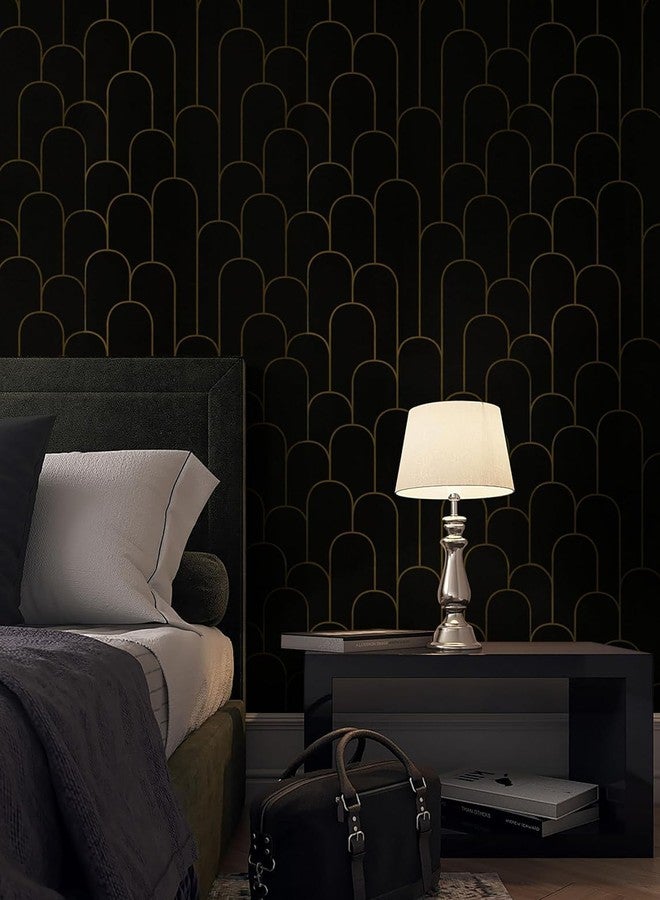 TEKCOOL ورق جدران TEKCOOL مخطط قابل للتقشير واللصق، ورق لاصق عصري، ورق هندسي وذهبي قابل للإزالة، ورق جدران ذاتي اللصق، ورق جدران مزخرف للجدران وأسطح الطاولات وغرف النوم، فيلم فينيل (أسود 45 * 300) - Image 2